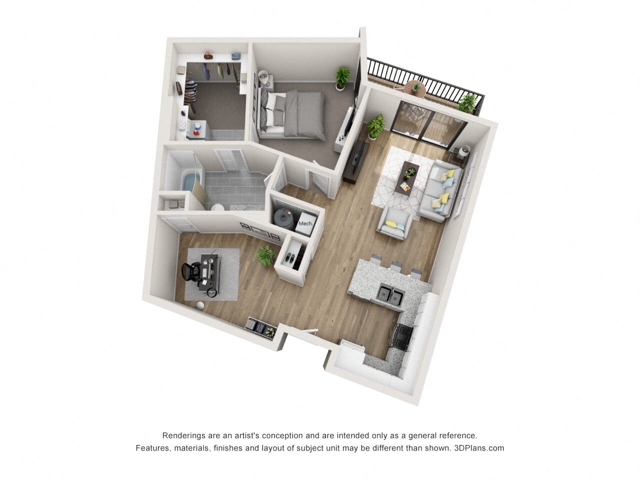 Floor plan for 1 bed, 1 bath, 928 sqft